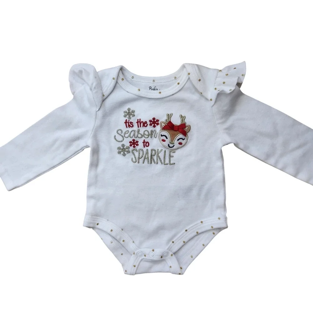 Baby Essentials White Long Sleeve Bodysuit Reindeer Sparkle Holiday‎ Sz 6 Months